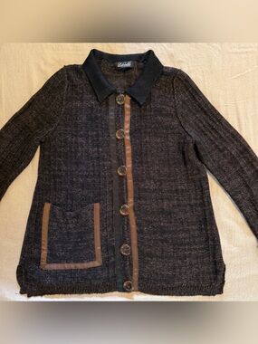 Libretto Knit Button-Front Cardigan with Brown Trim